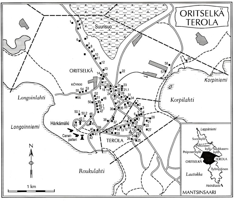 Oritselän kartta sekä talot ja asukkaat — Mantsinsaari Seura ry