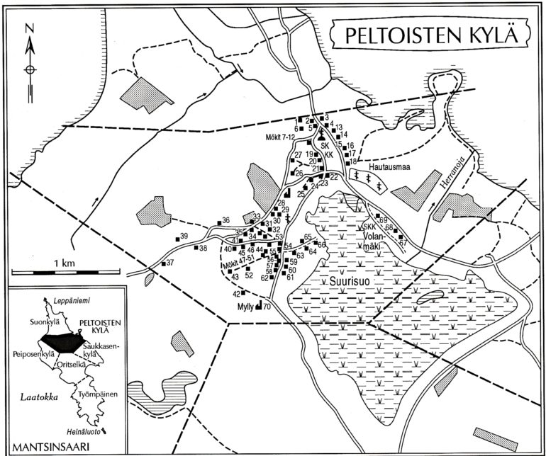 Peltoisten kylän kartta sekä talot ja asukkaat — Mantsinsaari Seura ry